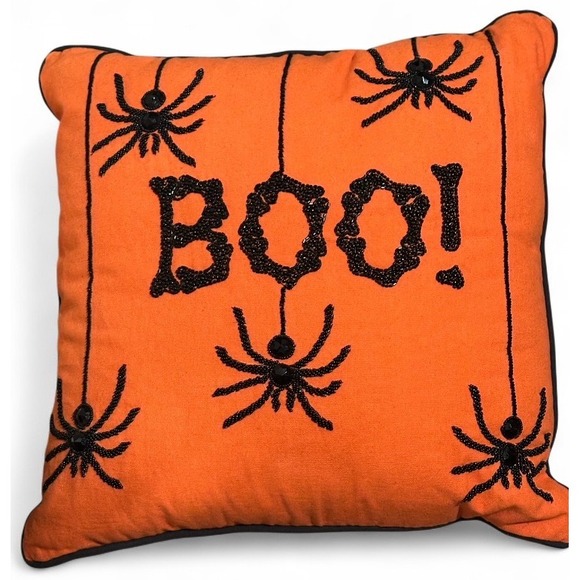 Halloween Decor Boo Spider Pillow Orange Black Beaded Throw Accent - Picture 1 of 6